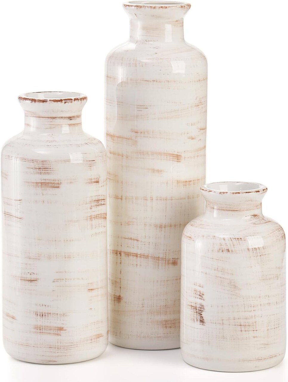 Set of 3 Rustic Ceramic Vases – Modern Farmhouse Decorative Vase Set for Home, Table & Mantel Décor
